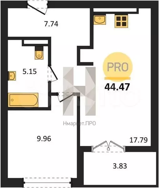 1-к. квартира, 44,5 м, 4/7 эт. - Фото 1
