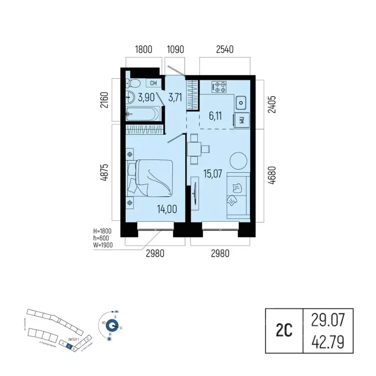 2-к кв. Башкортостан, Уфа Глумилино-1 мкр, Новатор жилой комплекс ... - Фото 1