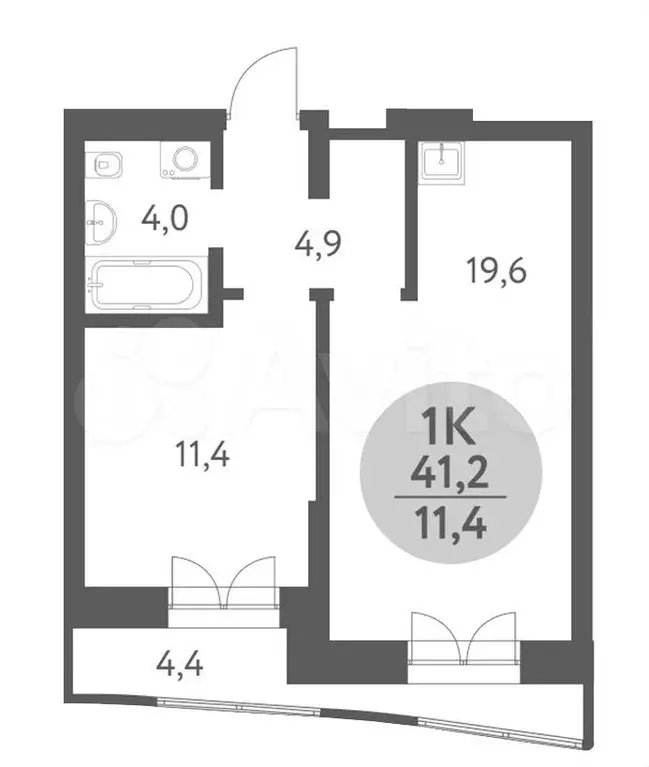 1-к. квартира, 41,2м, 2/6эт. - Фото 0