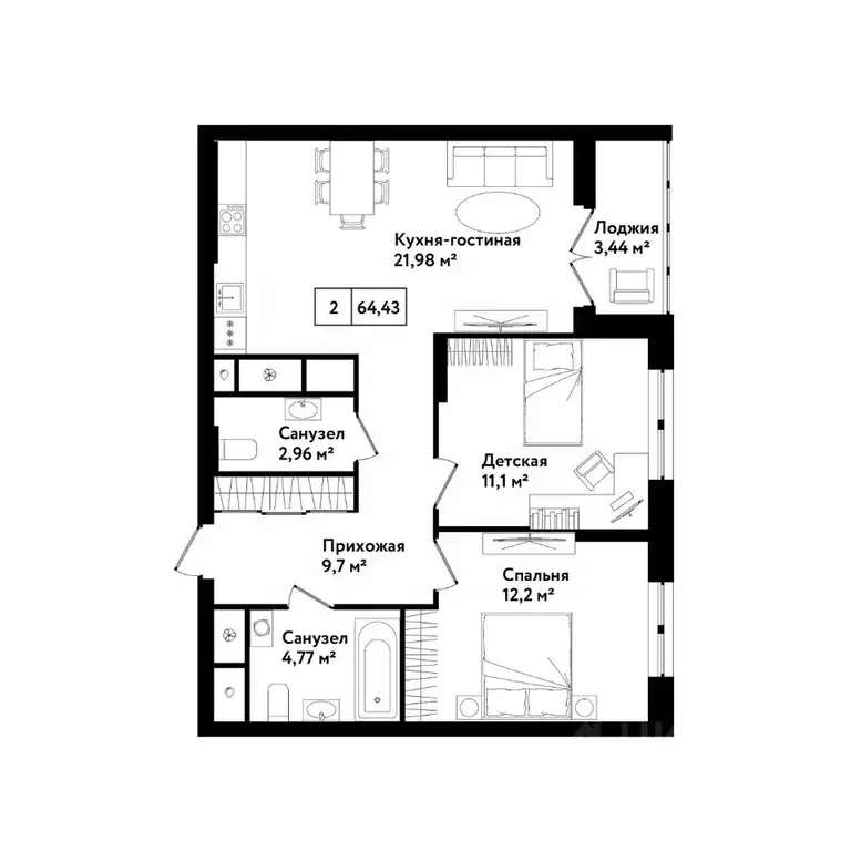 2-к кв. Тульская область, Тула ул. Седова, 26к2 (67.7 м) - Фото 0