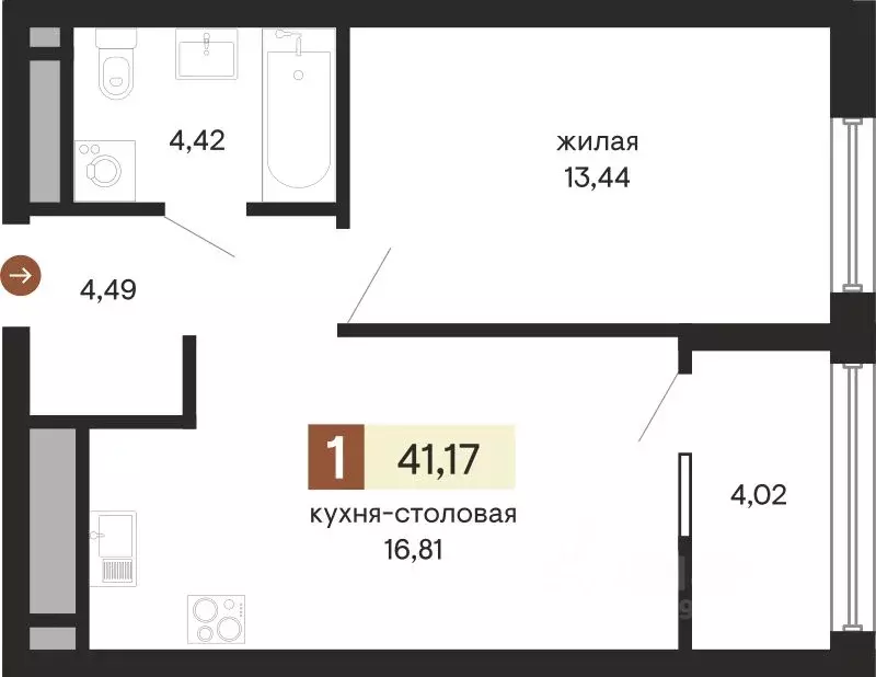1-к кв. Свердловская область, Екатеринбург ул. Куйбышева, 100к2 (41.17 ... - Фото 0