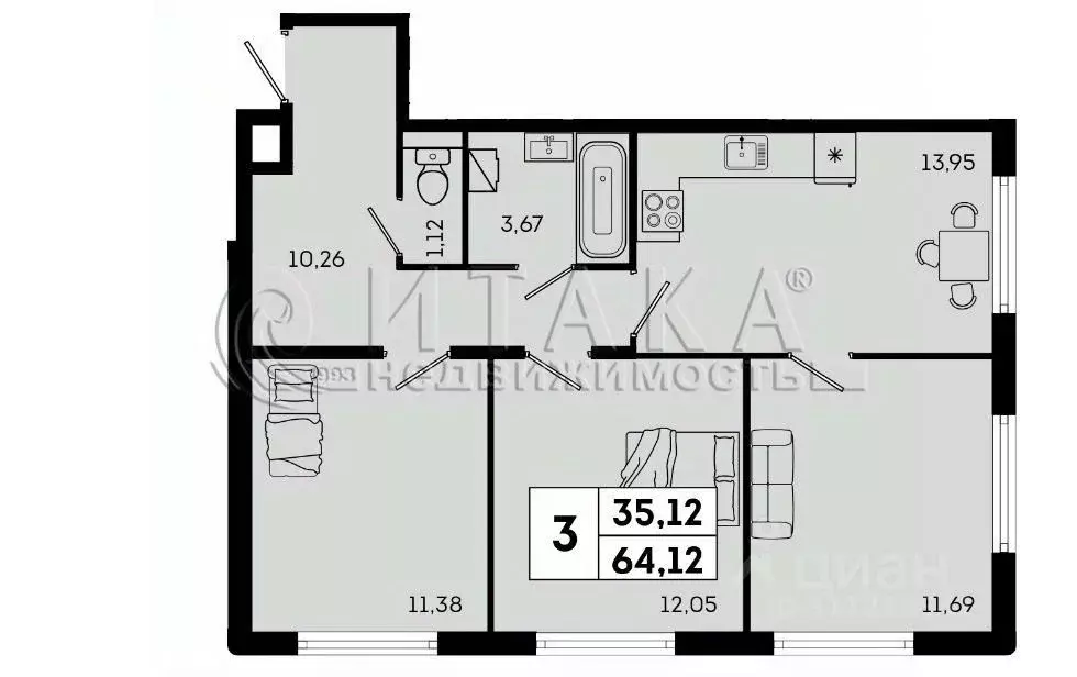 3-к кв. Санкт-Петербург ш. Суздальское, 18к3 (64.12 м) - Фото 1