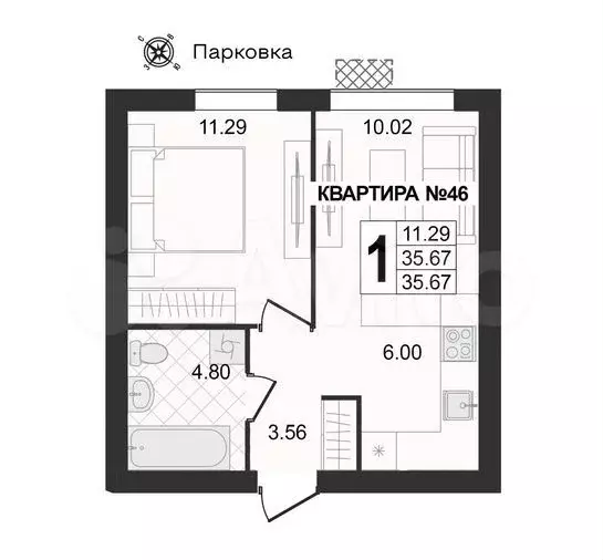 1-к. квартира, 35,7 м, 2/4 эт. - Фото 1