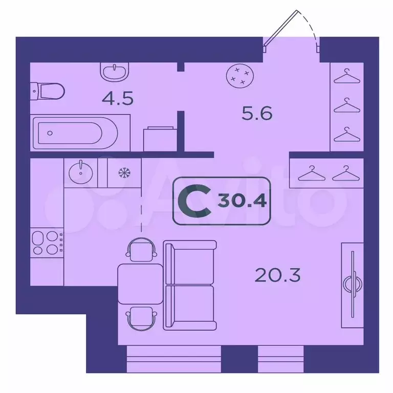 Квартира-студия, 30,4 м, 1/14 эт. - Фото 1