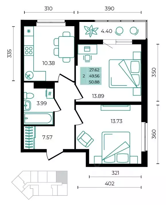 2-к кв. Адыгея, Майкопский район, пос. Тульский ул. Заречная (50.88 м) - Фото 1