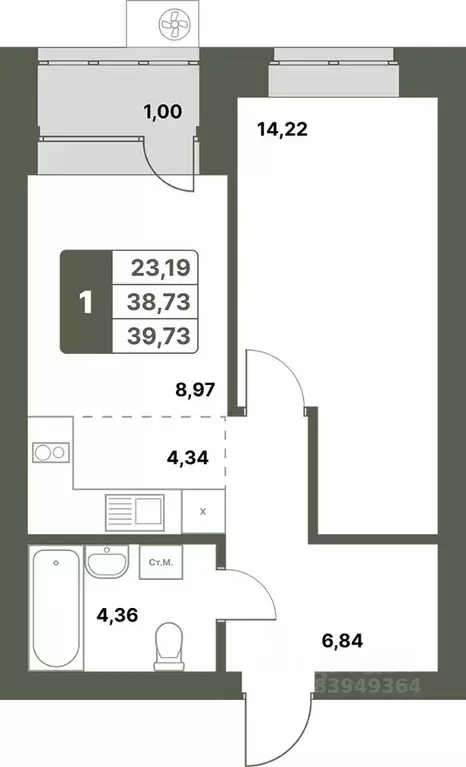 1-к кв. Башкортостан, Уфимский район, с. Миловка  (39.73 м) - Фото 1