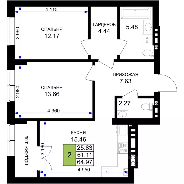 2-к кв. Калининградская область, Гурьевск Включи жилой комплекс (64.97 ... - Фото 1