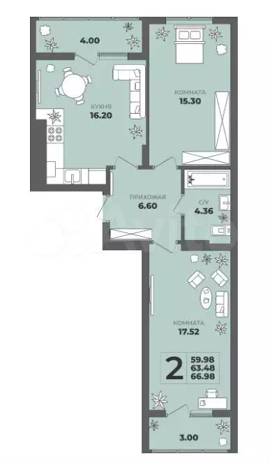 2-к. квартира, 63,5 м, 7/8 эт. - Фото 1