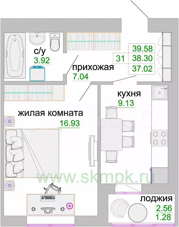 1-к. квартира, 38,9 м, 9/9 эт. - Фото 0