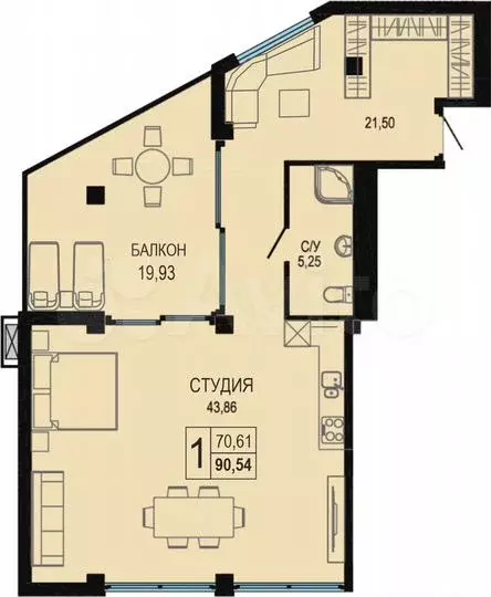 Апартаменты-студия, 90,2 м, 3/7 эт. - Фото 1
