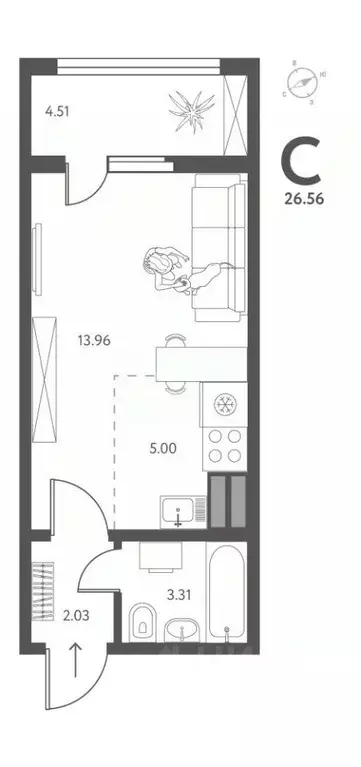 Студия Липецкая область, Липецк ул. Перова, 2 (26.56 м) - Фото 1