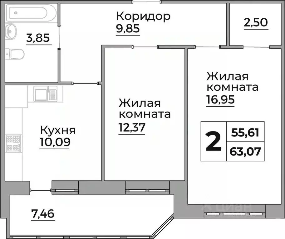 2-к кв. Калужская область, Калуга ул. Первых Коммунаров, 18 (63.7 м) - Фото 2