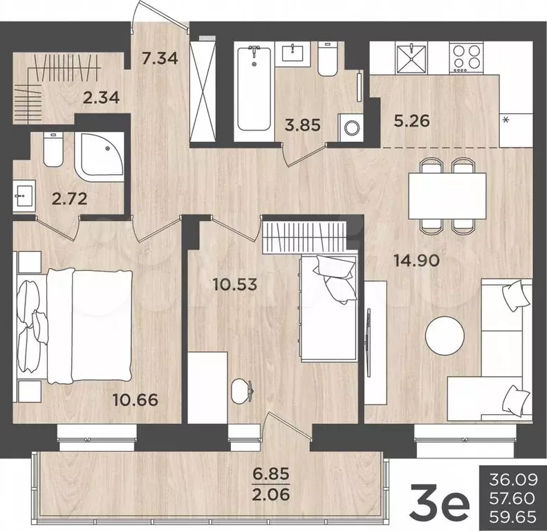 3-к. квартира, 60 м, 10/24 эт. - Фото 0