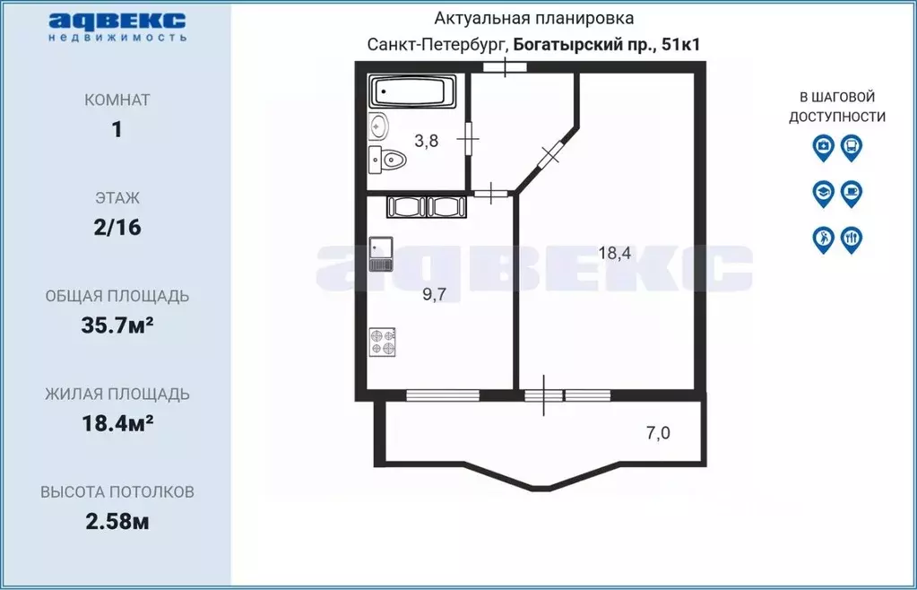 1-к кв. Санкт-Петербург Богатырский просп., 51к1 (35.7 м) - Фото 2
