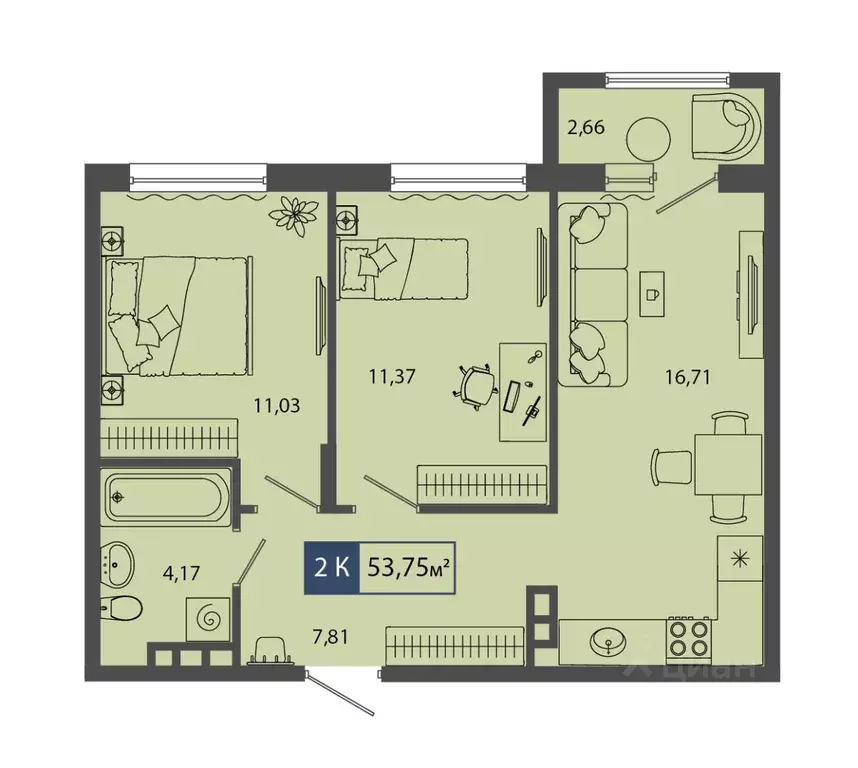 2-к кв. Тюменская область, Тюмень Мелиораторов мкр,  (53.75 м) - Фото 0