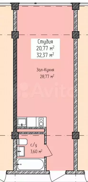 Апартаменты-студия, 32,4м, 4/8эт. - Фото 1