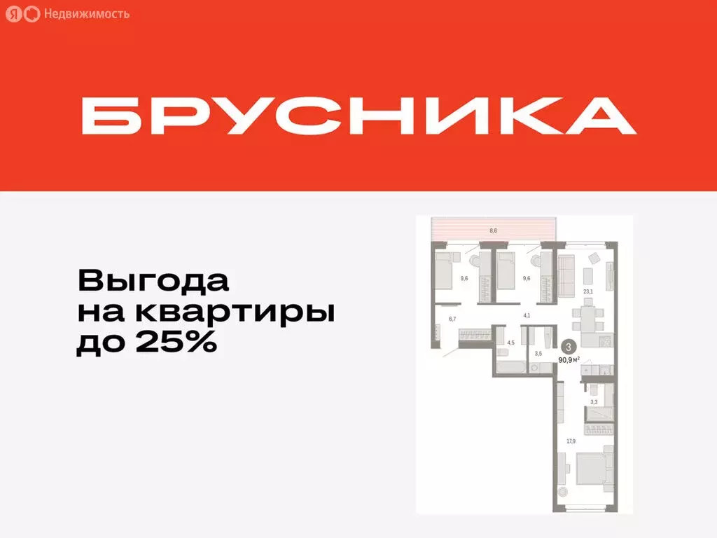 3-комнатная квартира: Тюмень, жилой комплекс На Минской (90.87 м) - Фото 0