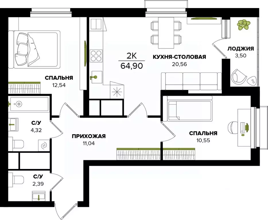 2-к кв. Тульская область, Тула  (64.9 м) - Фото 0