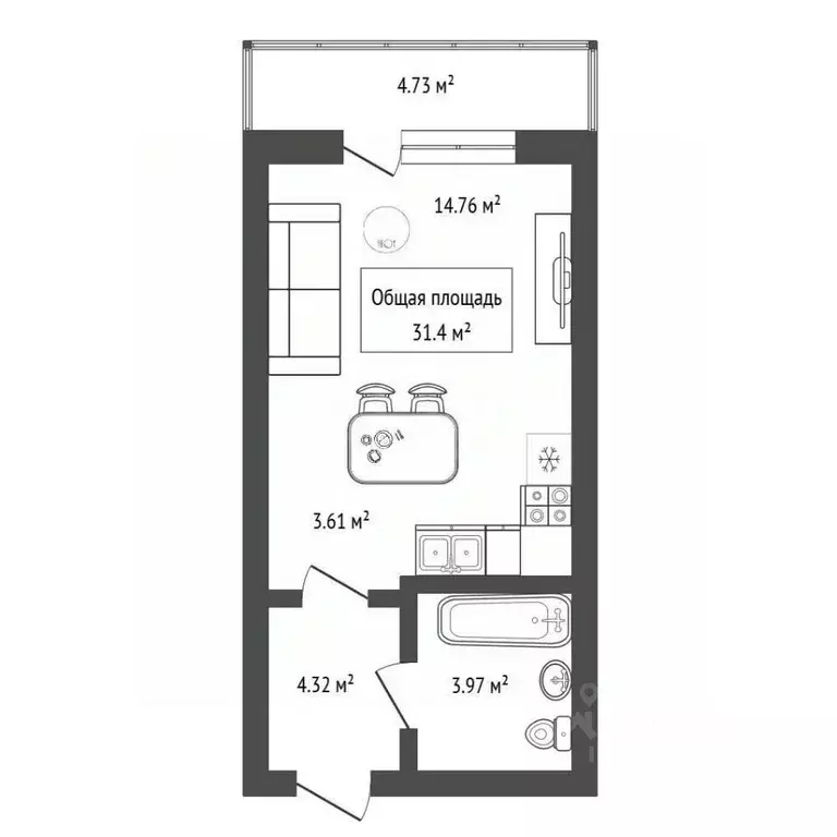 Студия Новосибирская область, Новосибирск Закаменский мкр, 21 (31.4 м) - Фото 2