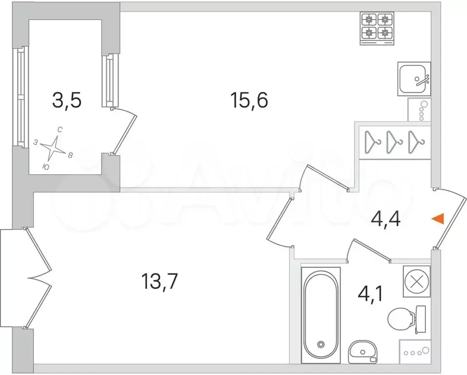 1-к. квартира, 39,6 м, 2/4 эт. - Фото 0