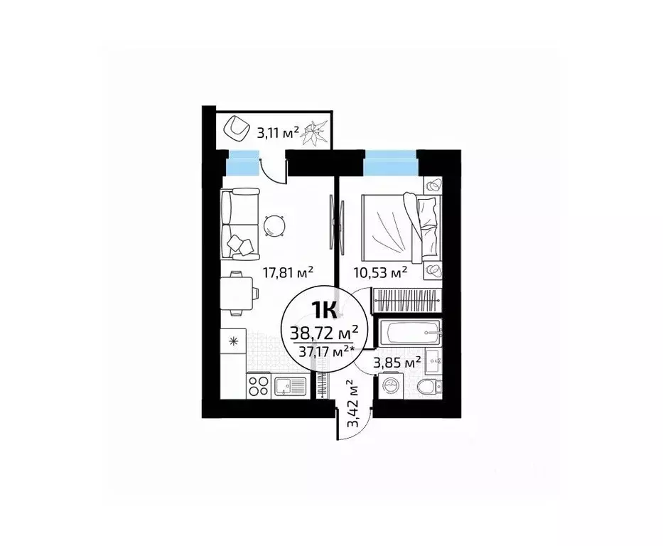 1-к кв. Самарская область, Самара пос. Мехзавод, 1-й кв-л, 50 (38.72 ... - Фото 1