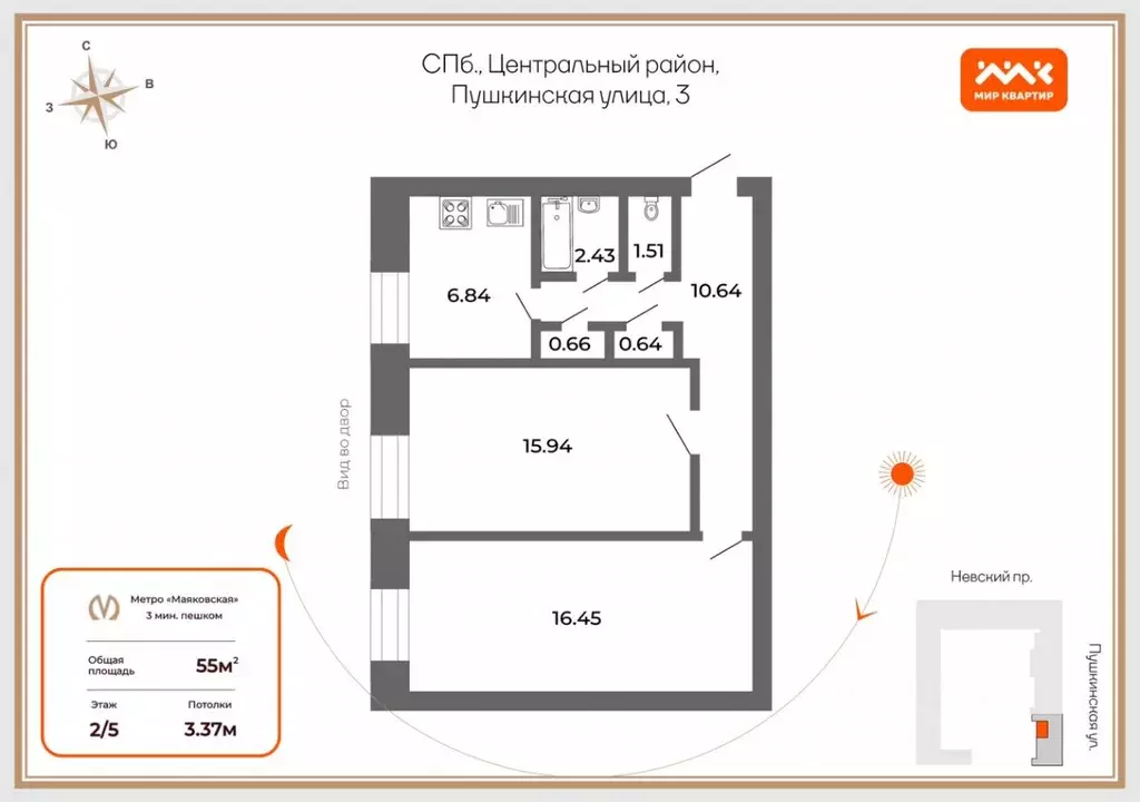 2-к кв. Санкт-Петербург Пушкинская ул., 3а (55.0 м) - Фото 0