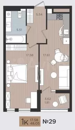 1-к. квартира, 48 м, 7/10 эт. - Фото 1