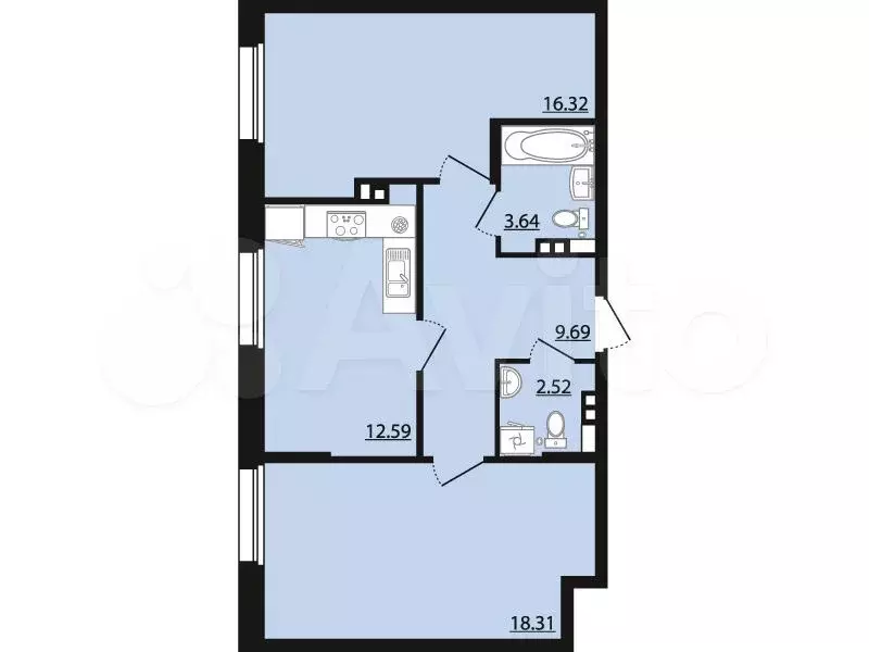 2-к. квартира, 63,1 м, 2/11 эт. - Фото 0