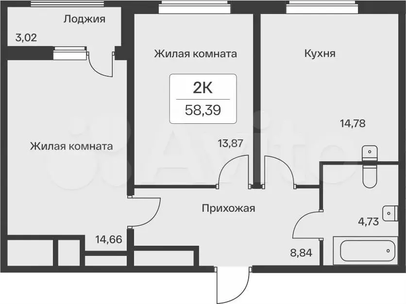 2-к. квартира, 57,8 м, 4/11 эт. - Фото 0