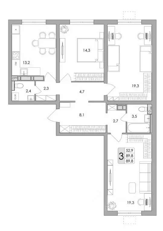 3-к кв. Воронежская область, Воронеж ул. Шишкова, 140Б/16 (89.8 м) - Фото 0