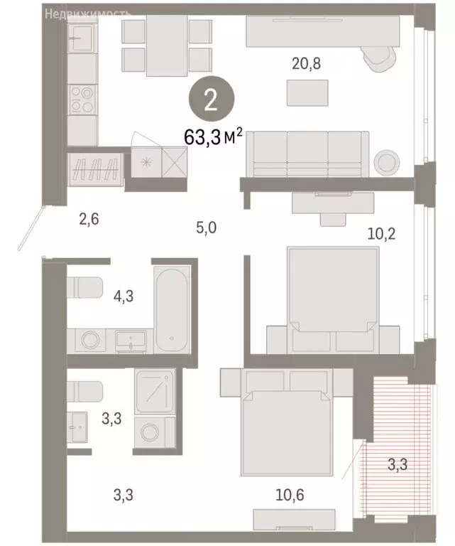 2-комнатная квартира: Тюмень, улица Республики, 205к3 (63.3 м) - Фото 1