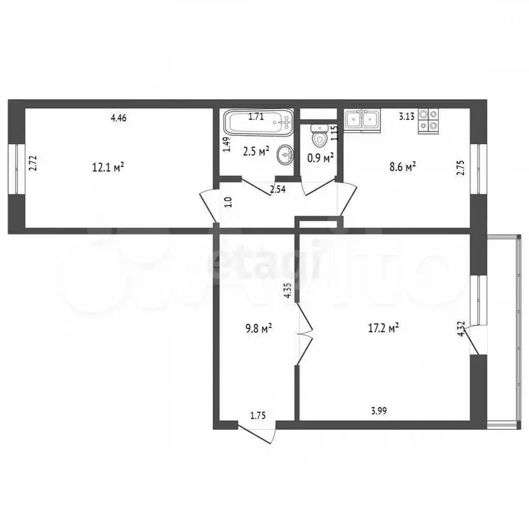2-к. квартира, 51,1 м, 5/5 эт. - Фото 0
