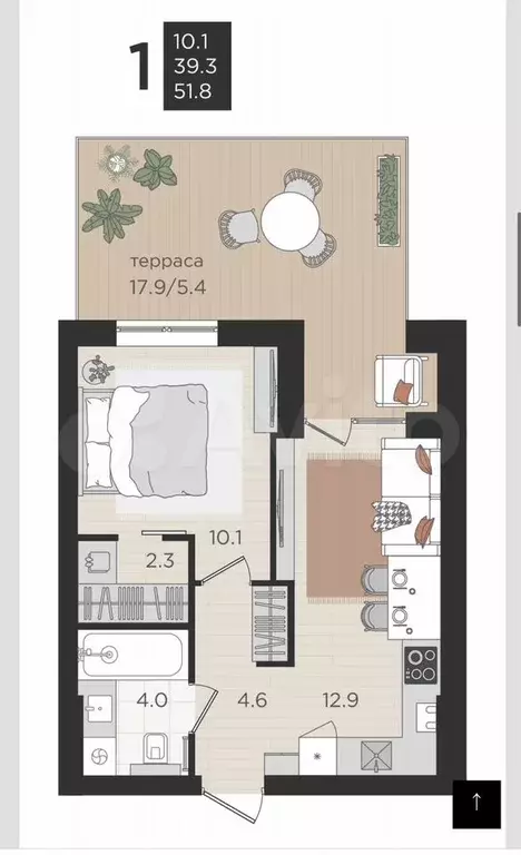 1-к. квартира, 39,5 м, 1/4 эт. - Фото 1