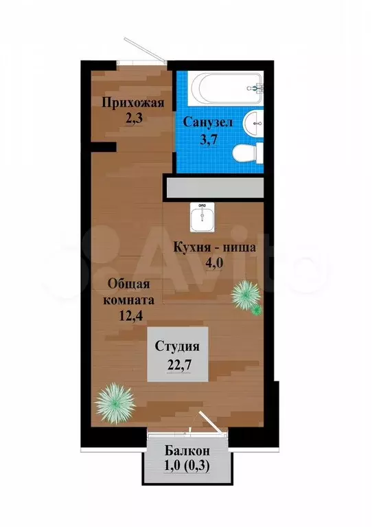 Квартира-студия, 22,7 м, 4/12 эт. - Фото 0