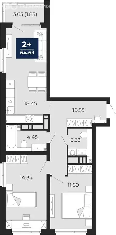2-комнатная квартира: Тюмень, Арктическая улица, 10 (66.25 м) - Фото 1