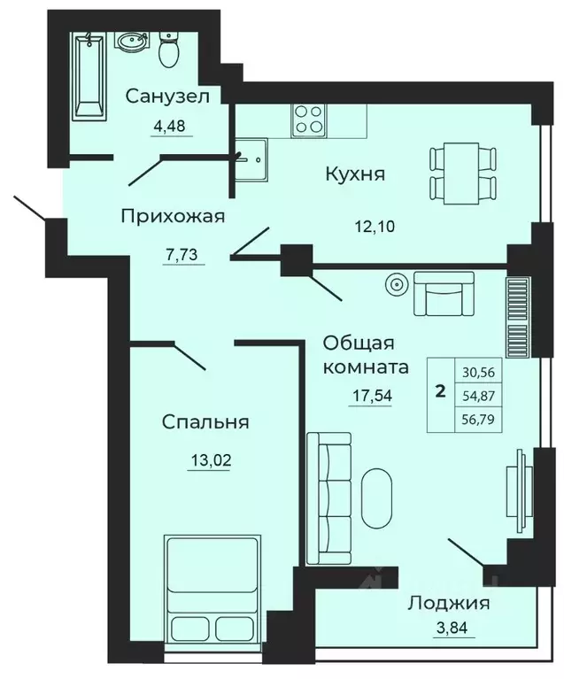 2-к кв. Ростовская область, Батайск ул. 1-й Пятилетки, 2Ж (56.79 м) - Фото 0