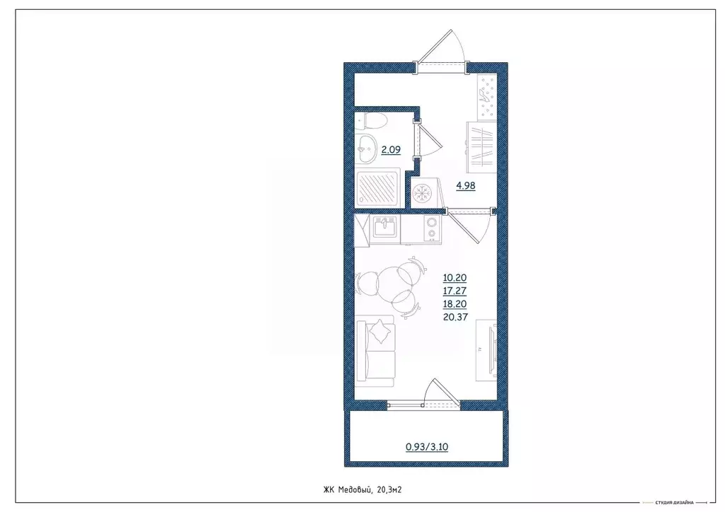 Студия Тверская область, Тверь ул. Медовая, 9к4 (20.3 м) - Фото 1