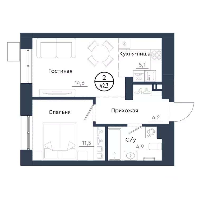 2-к кв. Красноярский край, Красноярск Чижи жилой комплекс (42.3 м) - Фото 1