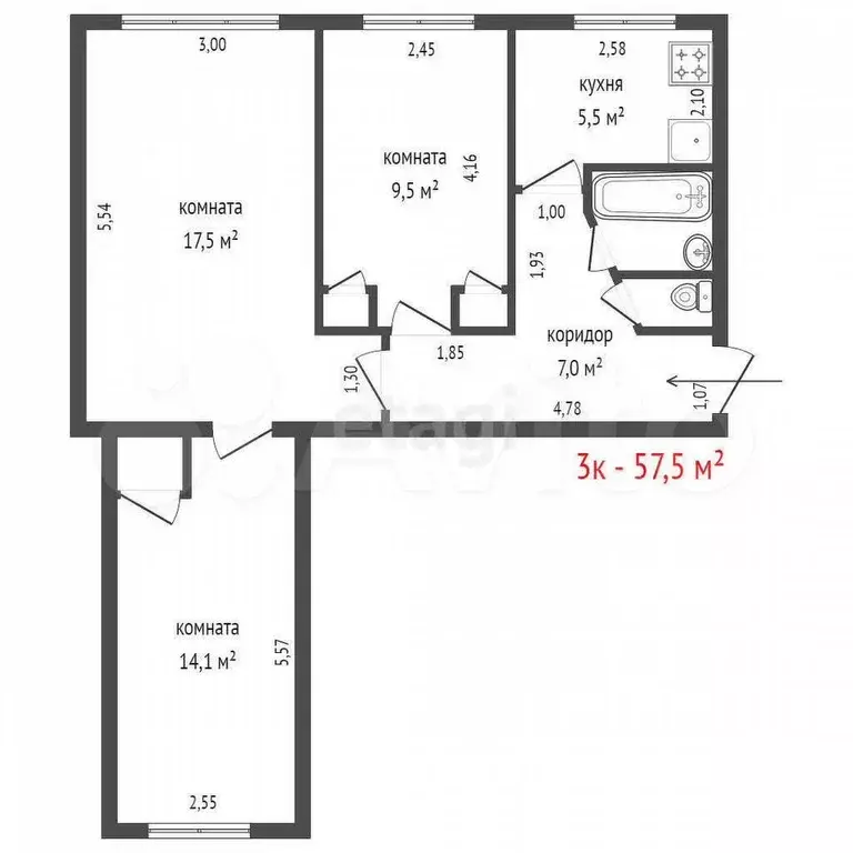 3-к. квартира, 57,5 м, 1/5 эт. - Фото 1