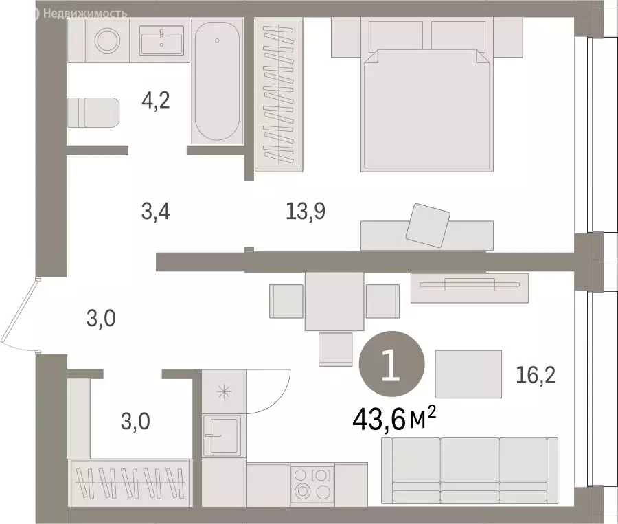 1-комнатная квартира: Тюмень, Мысовская улица, 26к1 (43.6 м) - Фото 1