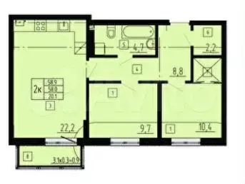 2-к. квартира, 58,9 м, 2/8 эт. - Фото 1