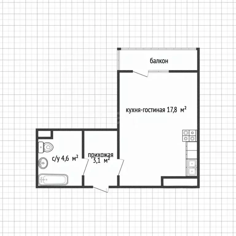 Студия Адыгея, Майкоп ул. Вадима Лемеша, 3 (25.5 м) - Фото 2