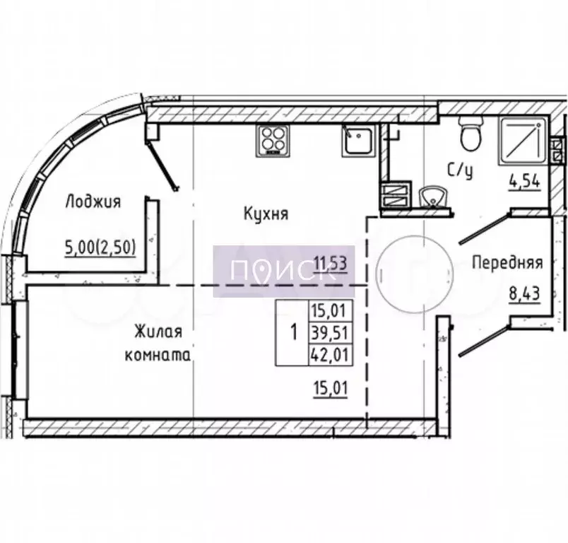 1-к. квартира, 44,5 м, 4/26 эт. - Фото 0