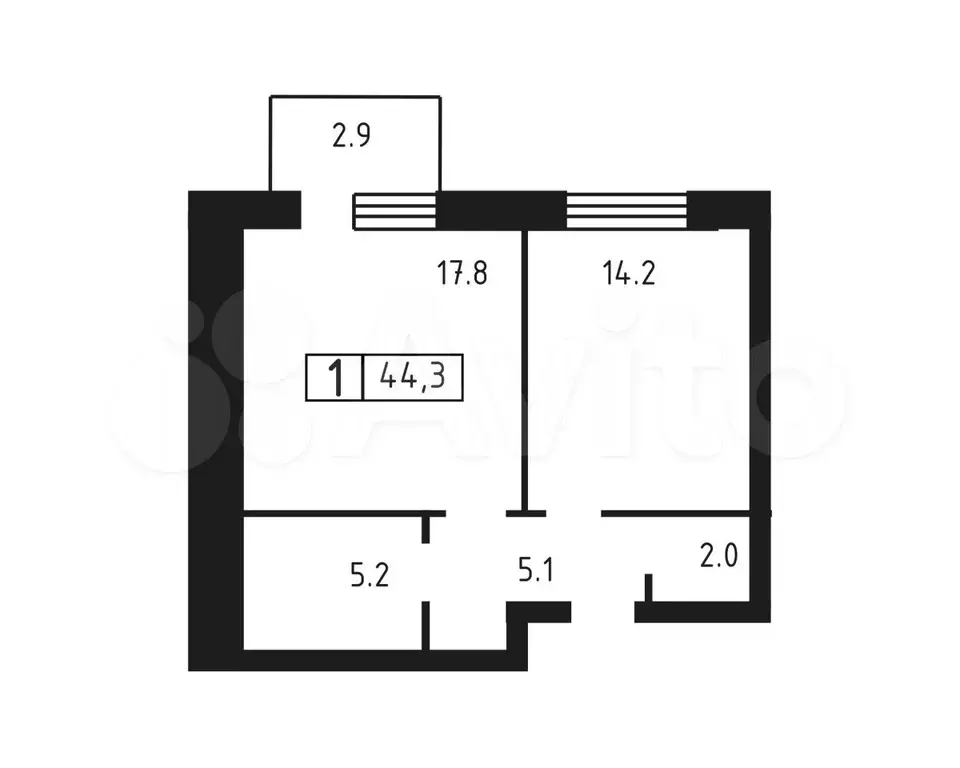 1-к. квартира, 44,3 м, 2/3 эт. - Фото 0