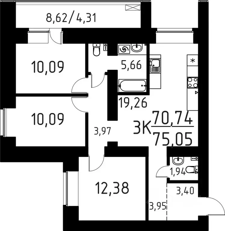 3-к кв. Томская область, Томск ул. Вершинина, 58к1 (75.05 м) - Фото 1