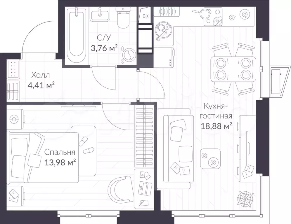 1-к. квартира, 41 м, 4/11 эт. - Фото 1
