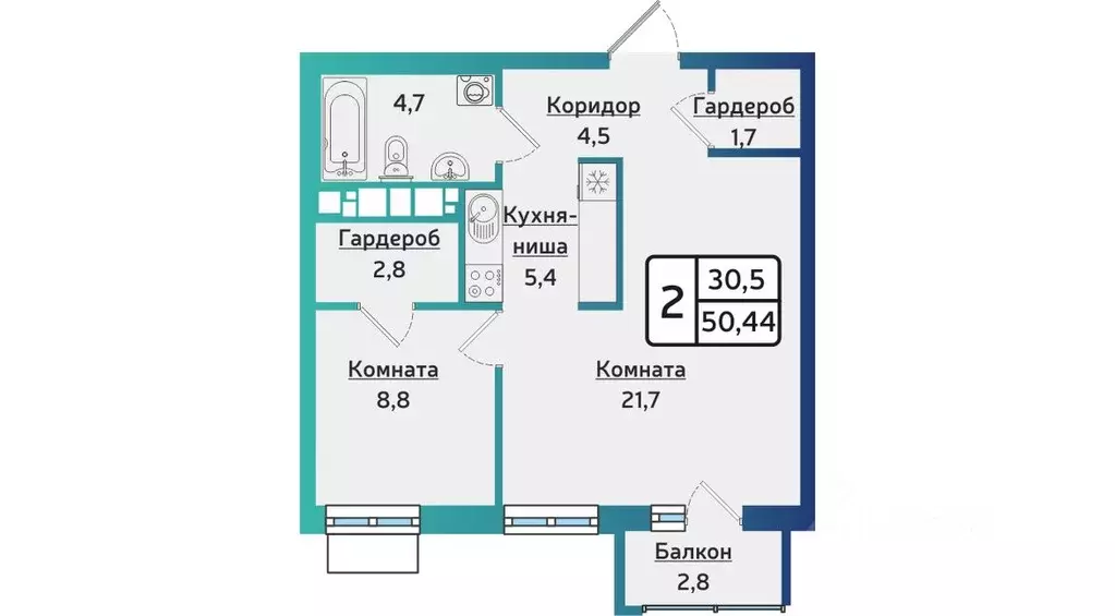 2-к кв. Удмуртия, Ижевск ул. Новаторов, 2к2 (50.44 м) - Фото 1