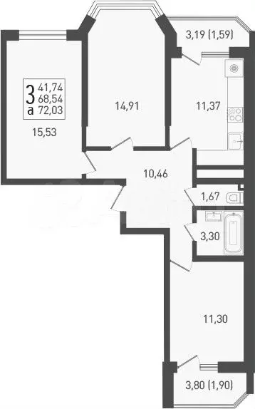 3-к. квартира, 68,5 м, 18/22 эт. - Фото 0