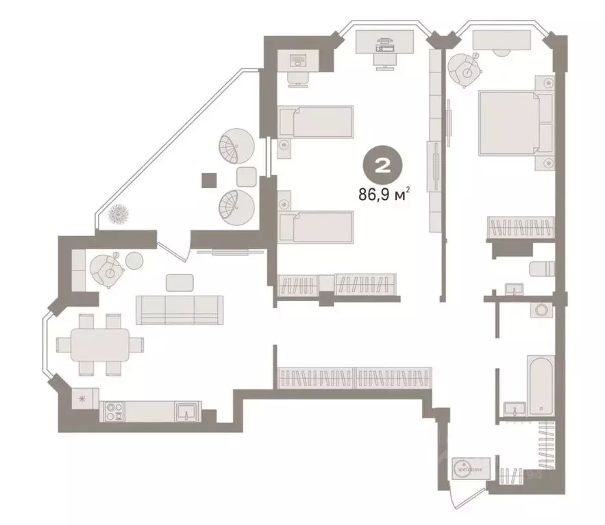 2-к кв. Тюменская область, Тюмень ул. Самарцева, 8 (86.9 м) - Фото 2
