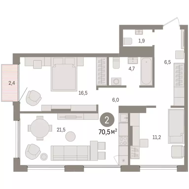 2-комнатная квартира: Тюмень, Краснооктябрьская улица, 4к3 (70.51 м) - Фото 1